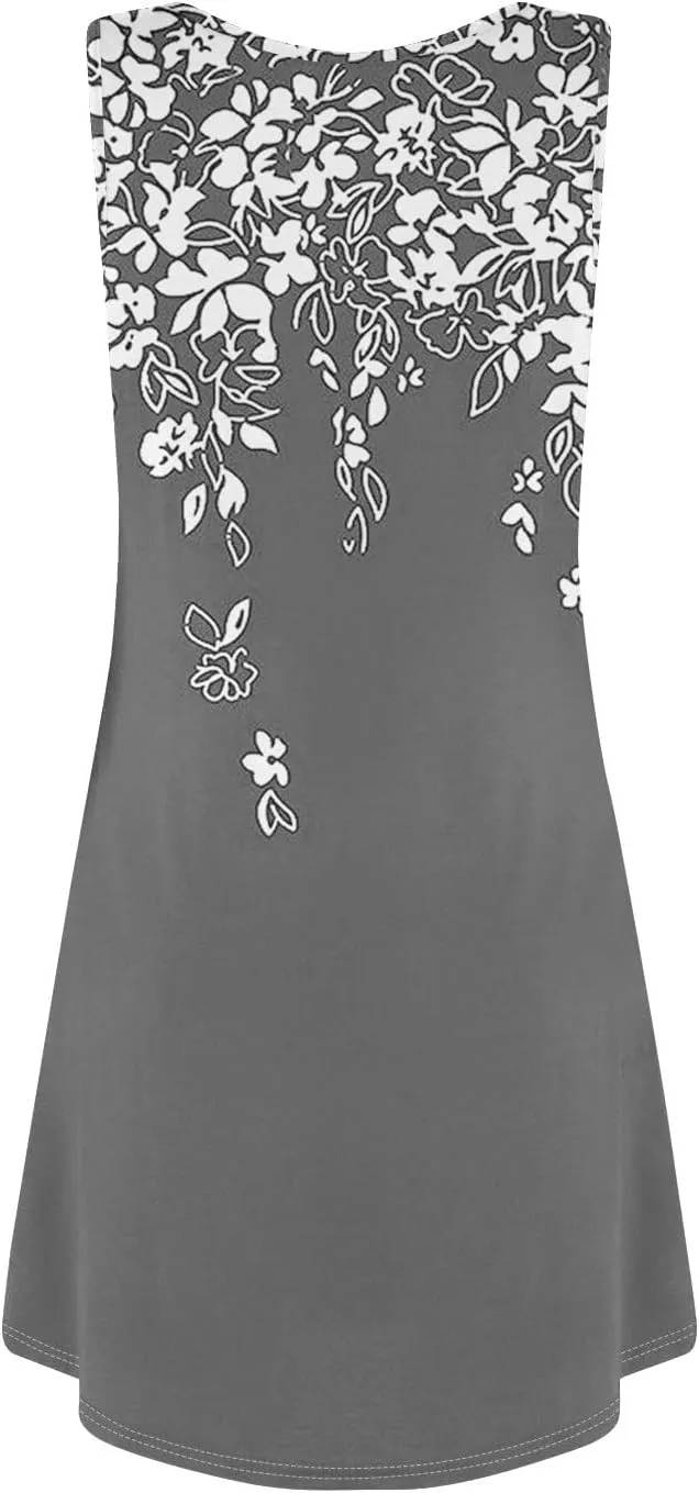 Summer Mini Dresses for Women Casual Trendy Vintage Floral Print Boho Sleeveless A-Line Pockets Beach Tank Sundress