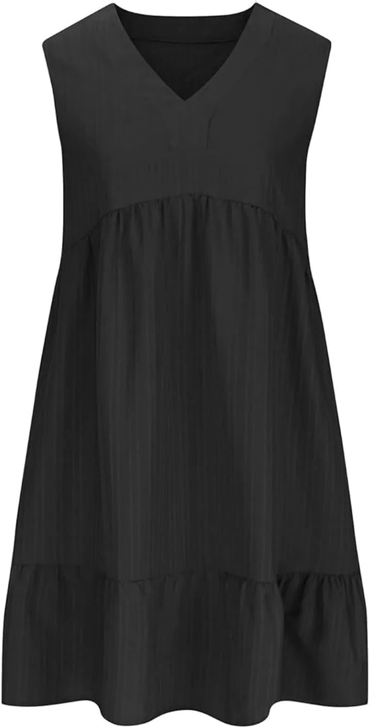 Summer Tank Dresses for Women 2025 Vacation V Neck Sleeveless Mini T Shirt Dress Pleated Ruffle Flowy Beach Sundresses