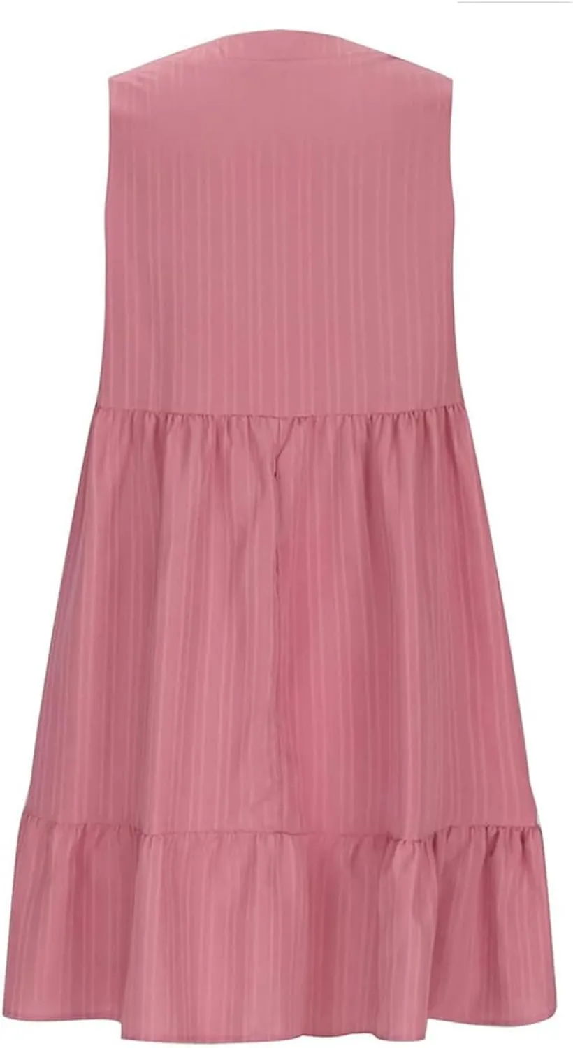 Summer Tank Dresses for Women 2025 Vacation V Neck Sleeveless Mini T Shirt Dress Pleated Ruffle Flowy Beach Sundresses
