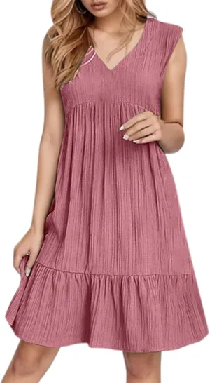 Summer Tank Dresses for Women 2025 Vacation V Neck Sleeveless Mini T Shirt Dress Pleated Ruffle Flowy Beach Sundresses