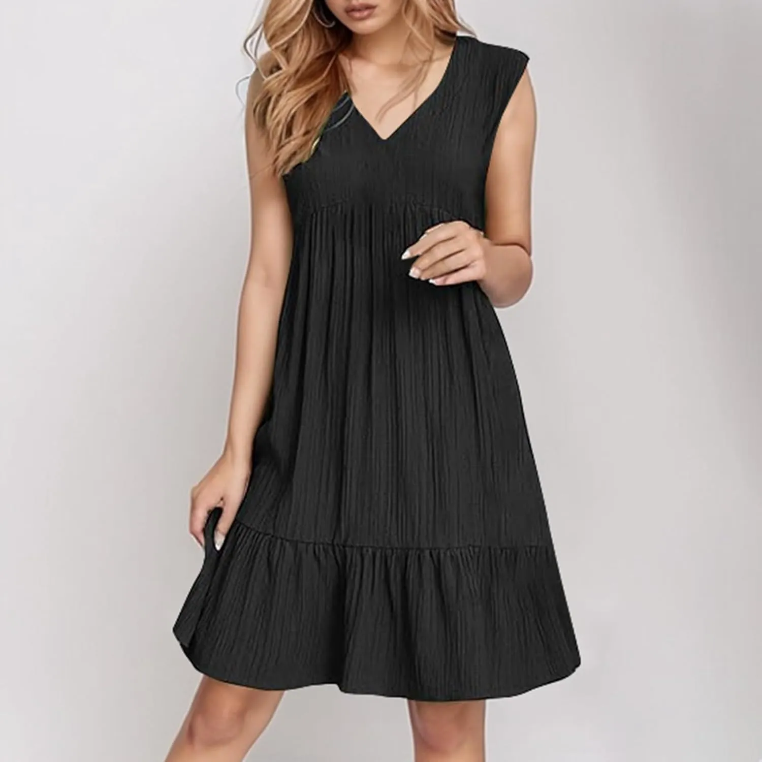 Summer Tank Dresses for Women 2025 Vacation V Neck Sleeveless Mini T Shirt Dress Pleated Ruffle Flowy Beach Sundresses