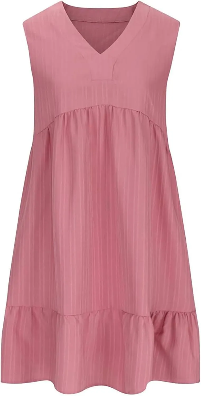 Summer Tank Dresses for Women 2025 Vacation V Neck Sleeveless Mini T Shirt Dress Pleated Ruffle Flowy Beach Sundresses