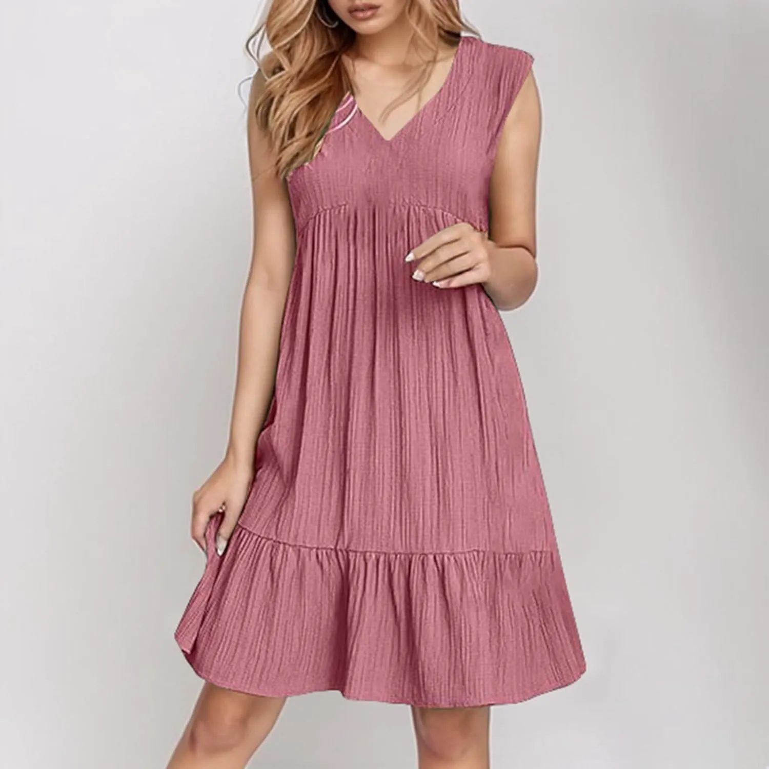 Summer Tank Dresses for Women 2025 Vacation V Neck Sleeveless Mini T Shirt Dress Pleated Ruffle Flowy Beach Sundresses