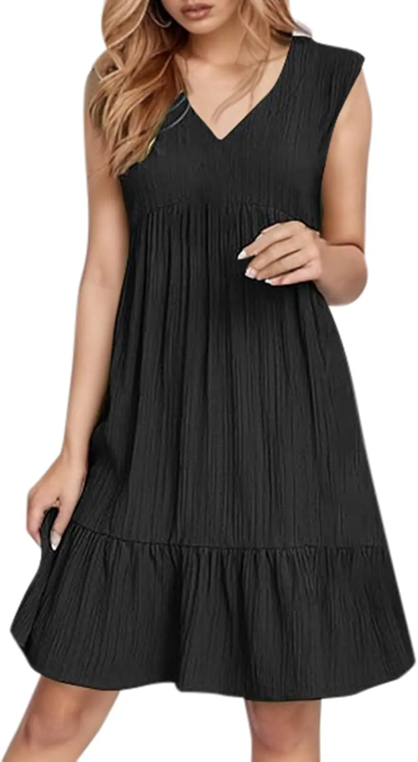 Summer Tank Dresses for Women 2025 Vacation V Neck Sleeveless Mini T Shirt Dress Pleated Ruffle Flowy Beach Sundresses