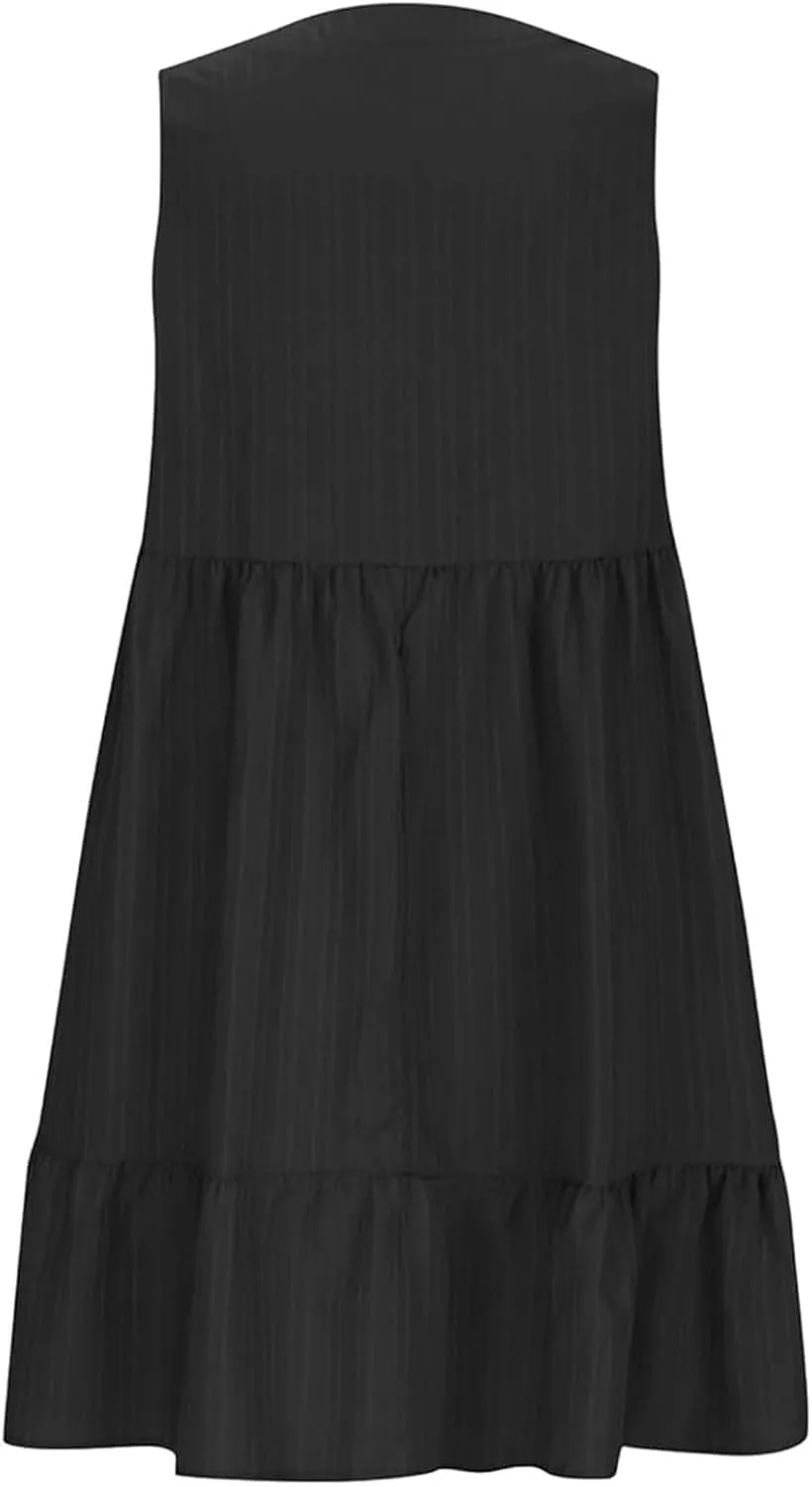 Summer Tank Dresses for Women 2025 Vacation V Neck Sleeveless Mini T Shirt Dress Pleated Ruffle Flowy Beach Sundresses