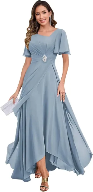 Tea Length Mother of The Bride Dresses for Women Chiffon Ruched Beaded Ruffles A-Line Formal Wedding Guest Dress