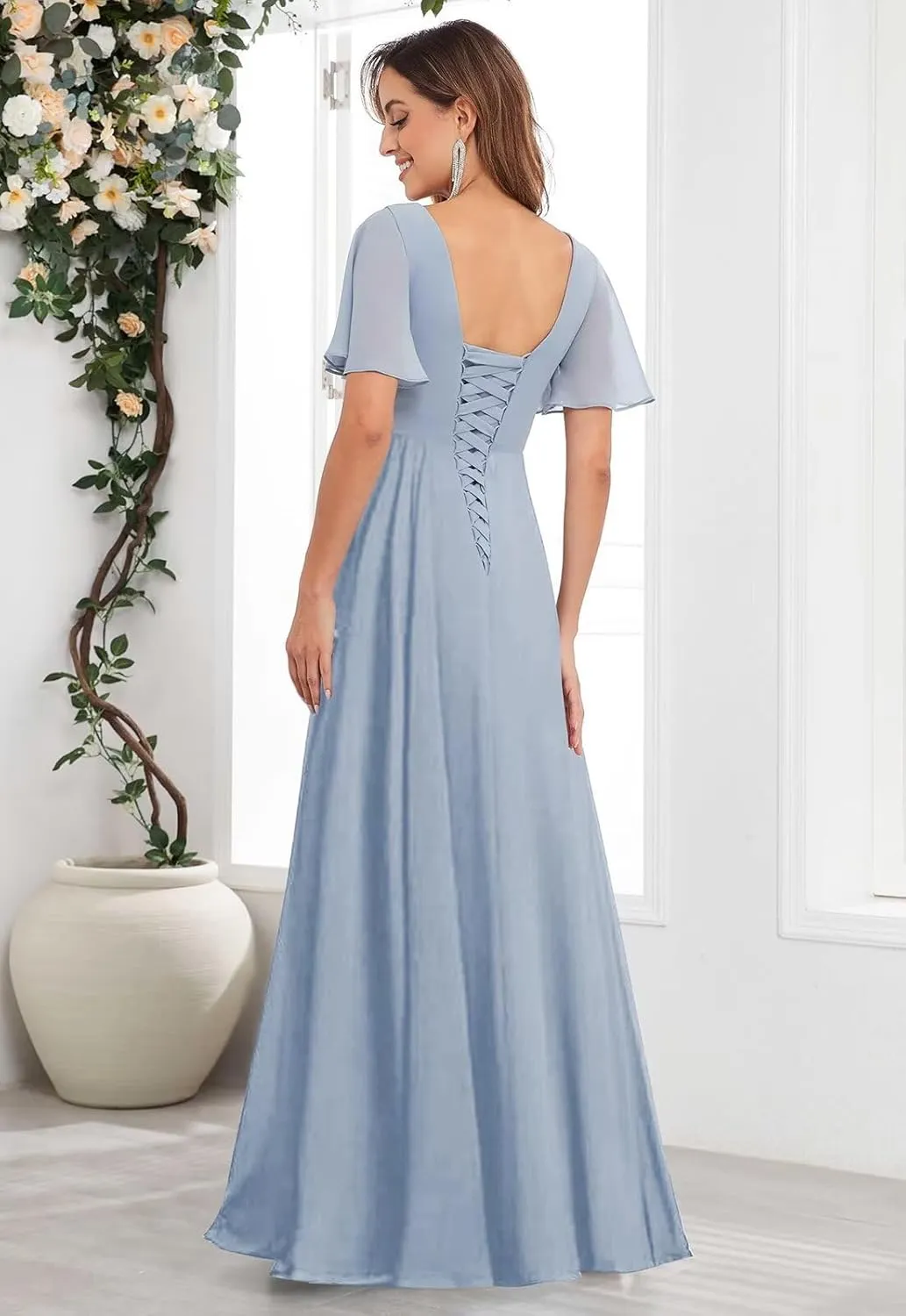 Tea Length Mother of The Bride Dresses for Women Chiffon Ruched Beaded Ruffles A-Line Formal Wedding Guest Dress