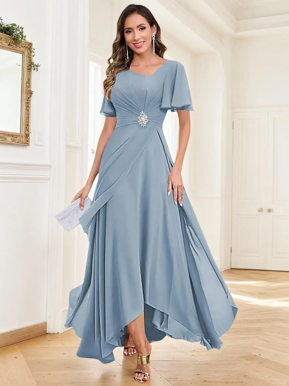 Tea Length Mother of The Bride Dresses for Women Chiffon Ruched Beaded Ruffles A-Line Formal Wedding Guest Dress