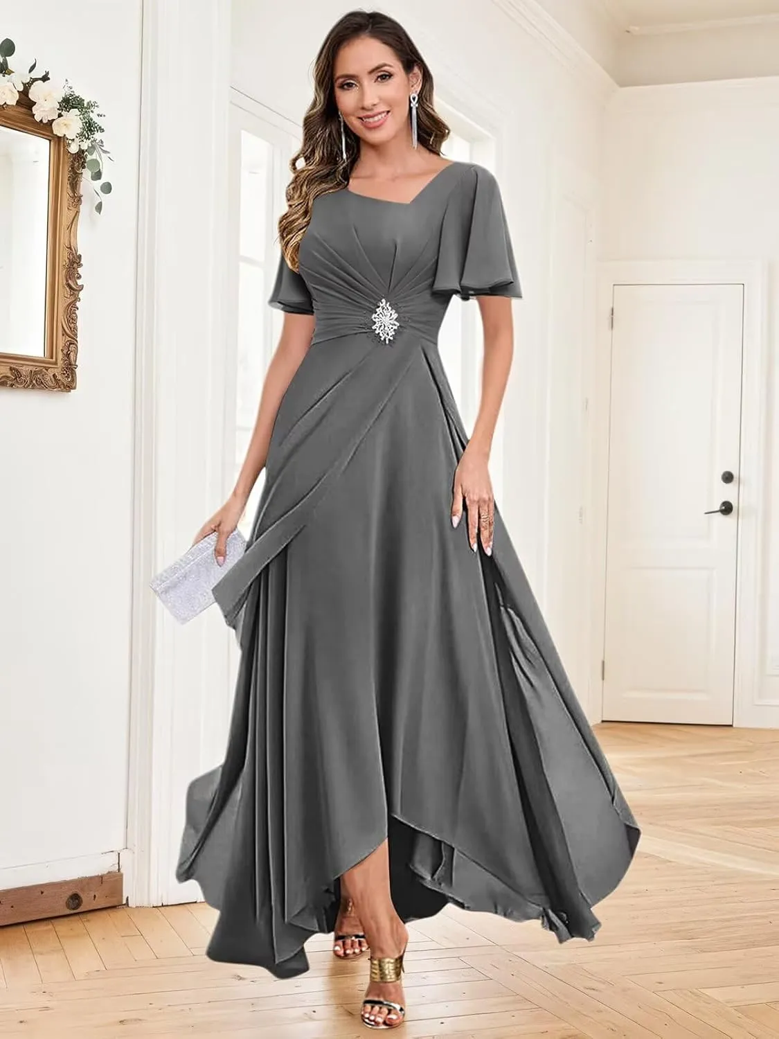 Tea Length Mother of The Bride Dresses for Women Chiffon Ruched Beaded Ruffles A-Line Formal Wedding Guest Dress