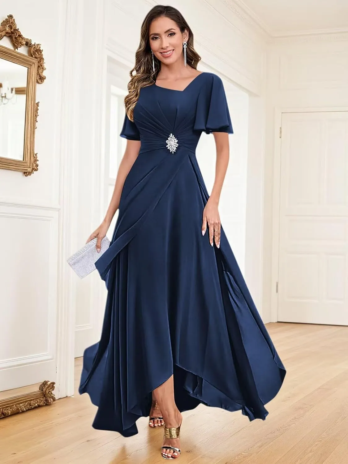 Tea Length Mother of The Bride Dresses for Women Chiffon Ruched Beaded Ruffles A-Line Formal Wedding Guest Dress