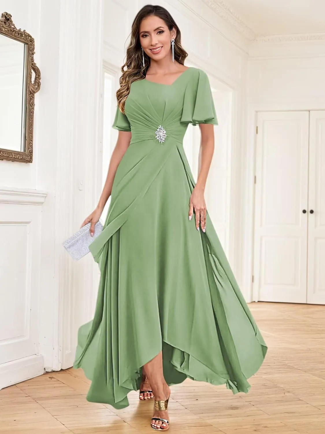 Tea Length Mother of The Bride Dresses for Women Chiffon Ruched Beaded Ruffles A-Line Formal Wedding Guest Dress