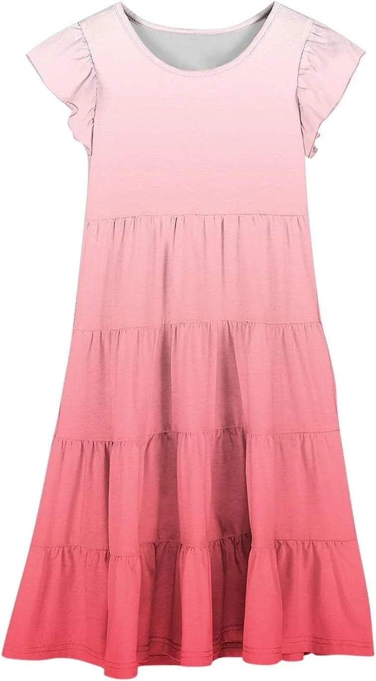 Teen Girls Double Pleated Casual Dress Short Sleeve Ruffle Swing Color Block Dresses Kids Crew Neck Summer Flowy Skirts