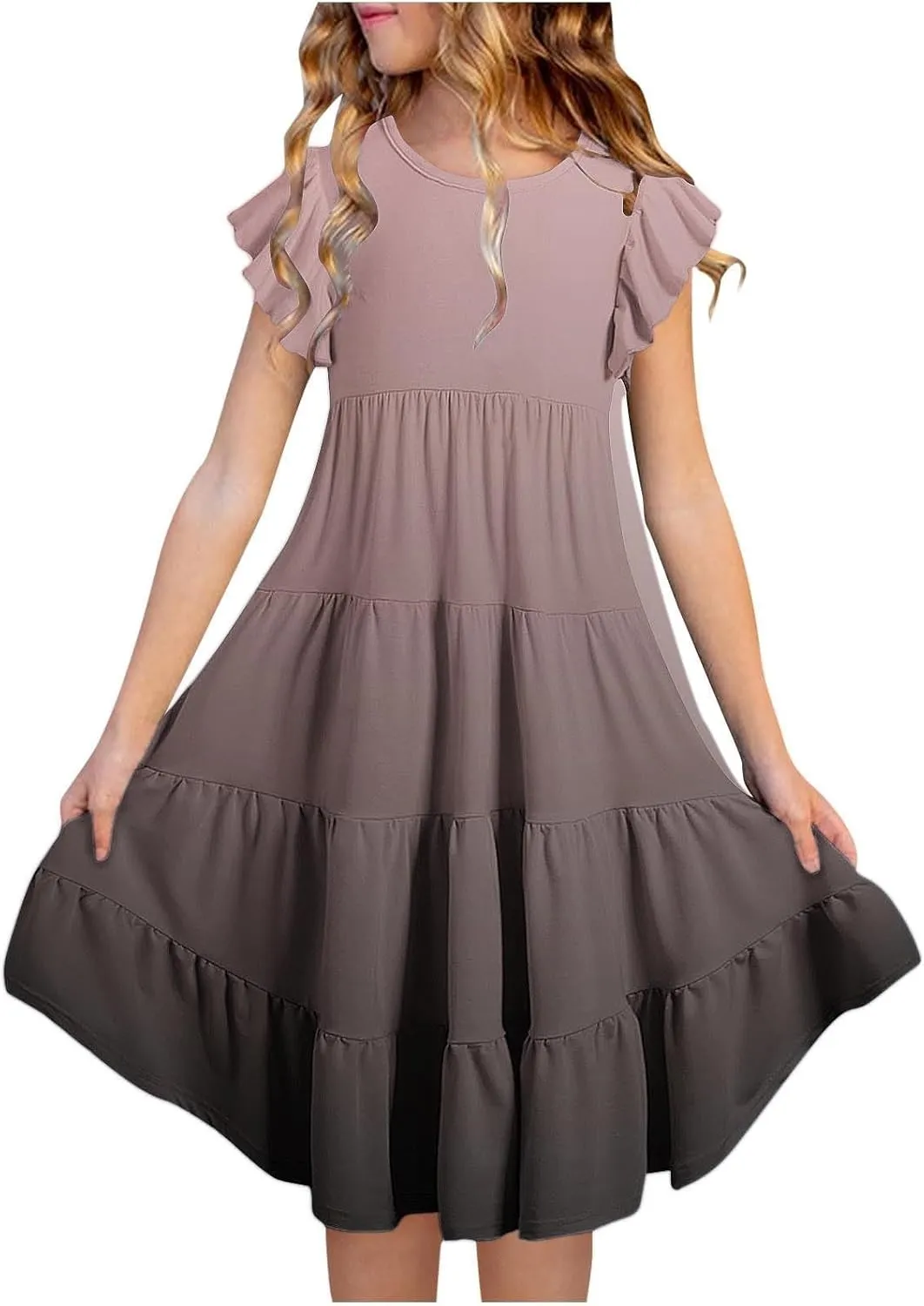 Teen Girls Double Pleated Casual Dress Short Sleeve Ruffle Swing Color Block Dresses Kids Crew Neck Summer Flowy Skirts