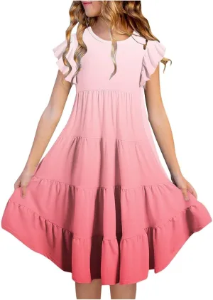 Teen Girls Double Pleated Casual Dress Short Sleeve Ruffle Swing Color Block Dresses Kids Crew Neck Summer Flowy Skirts