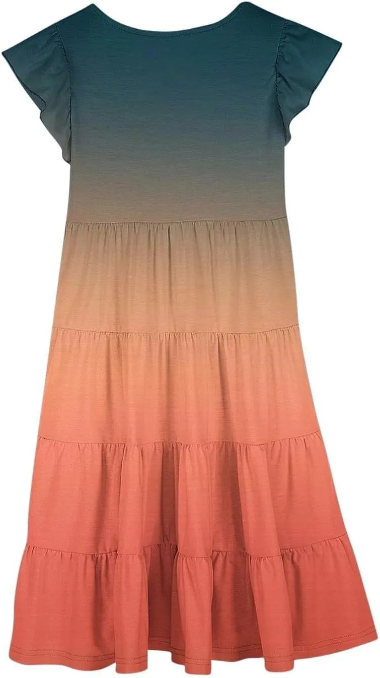 Teen Girls Double Pleated Casual Dress Short Sleeve Ruffle Swing Color Block Dresses Kids Crew Neck Summer Flowy Skirts