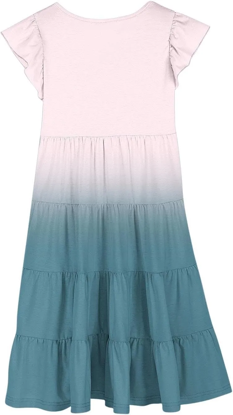 Teen Girls Double Pleated Casual Dress Short Sleeve Ruffle Swing Color Block Dresses Kids Crew Neck Summer Flowy Skirts