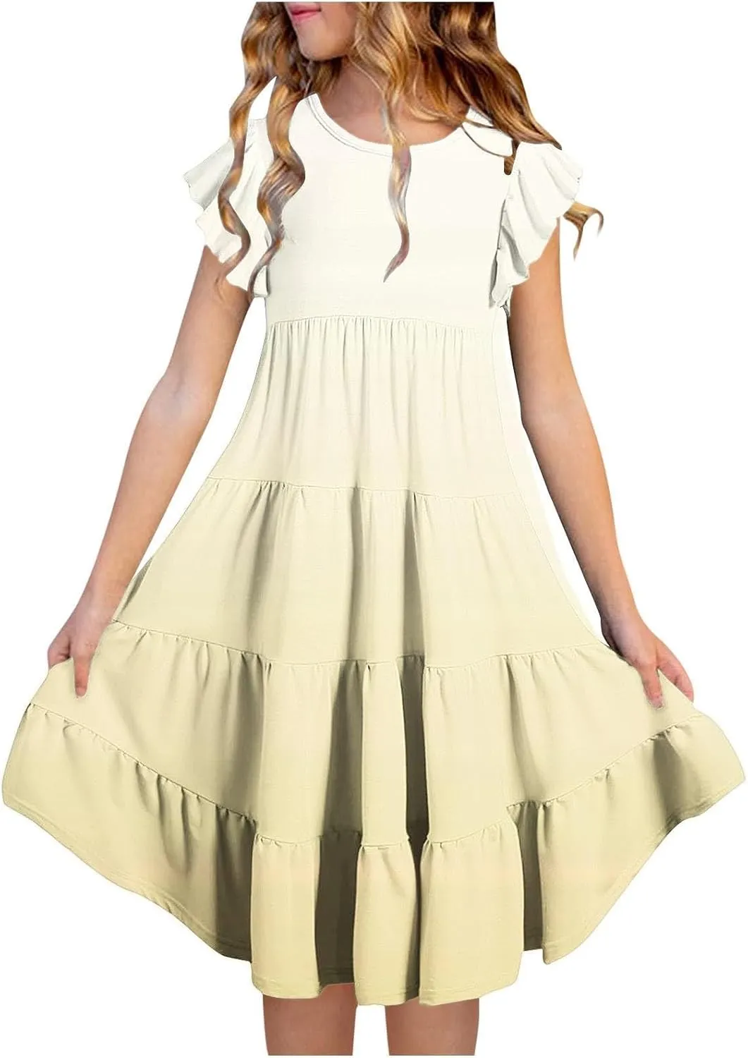Teen Girls Double Pleated Casual Dress Short Sleeve Ruffle Swing Color Block Dresses Kids Crew Neck Summer Flowy Skirts
