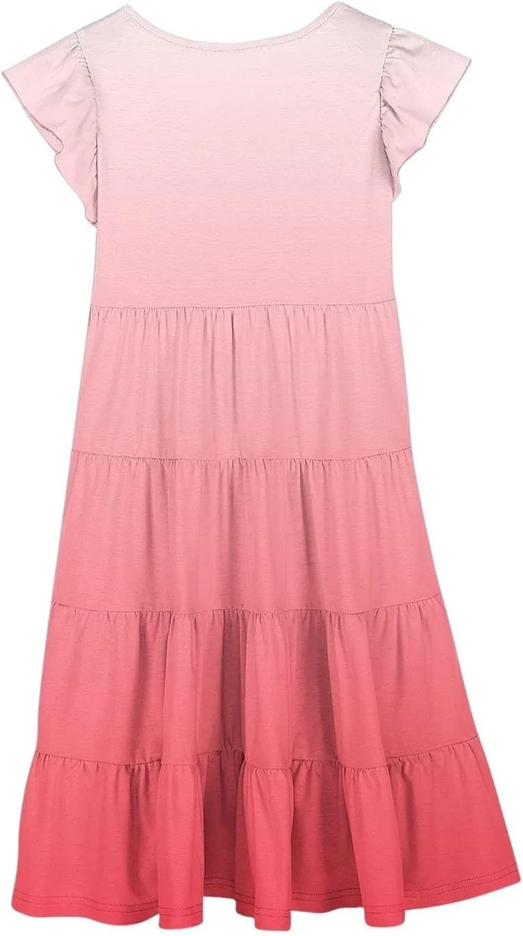 Teen Girls Double Pleated Casual Dress Short Sleeve Ruffle Swing Color Block Dresses Kids Crew Neck Summer Flowy Skirts