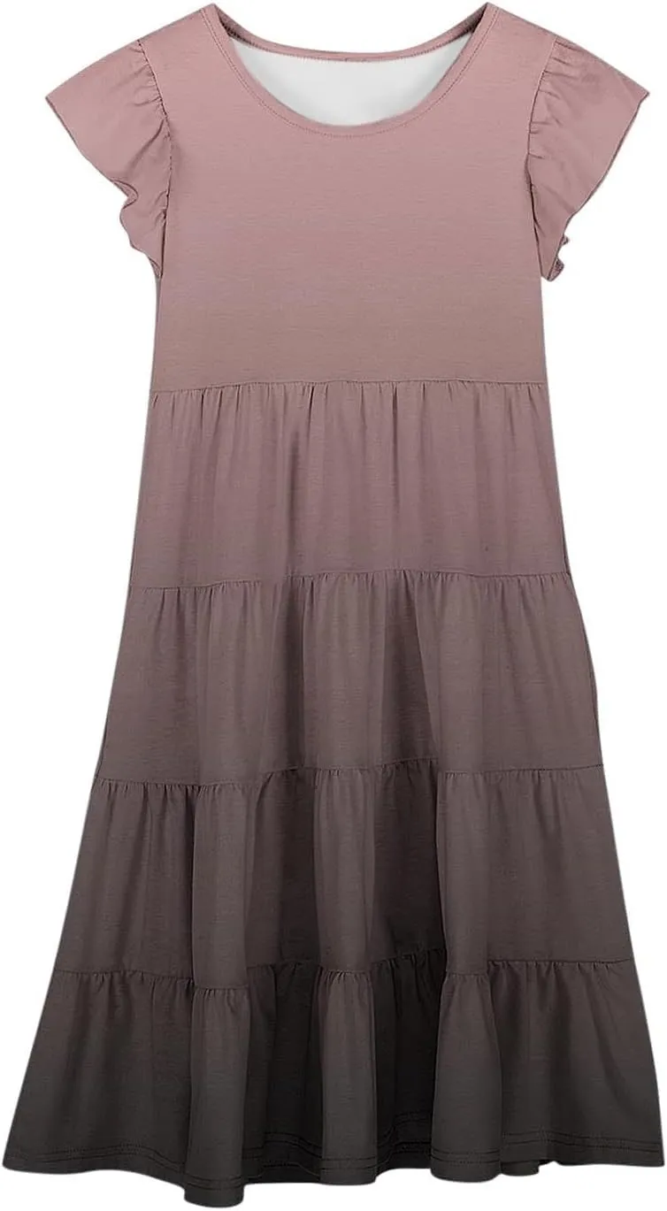 Teen Girls Double Pleated Casual Dress Short Sleeve Ruffle Swing Color Block Dresses Kids Crew Neck Summer Flowy Skirts