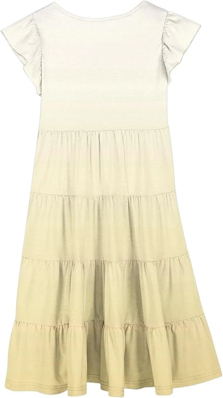 Teen Girls Double Pleated Casual Dress Short Sleeve Ruffle Swing Color Block Dresses Kids Crew Neck Summer Flowy Skirts