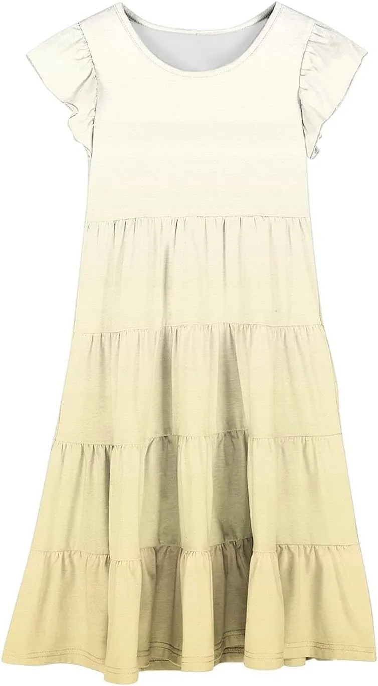 Teen Girls Double Pleated Casual Dress Short Sleeve Ruffle Swing Color Block Dresses Kids Crew Neck Summer Flowy Skirts