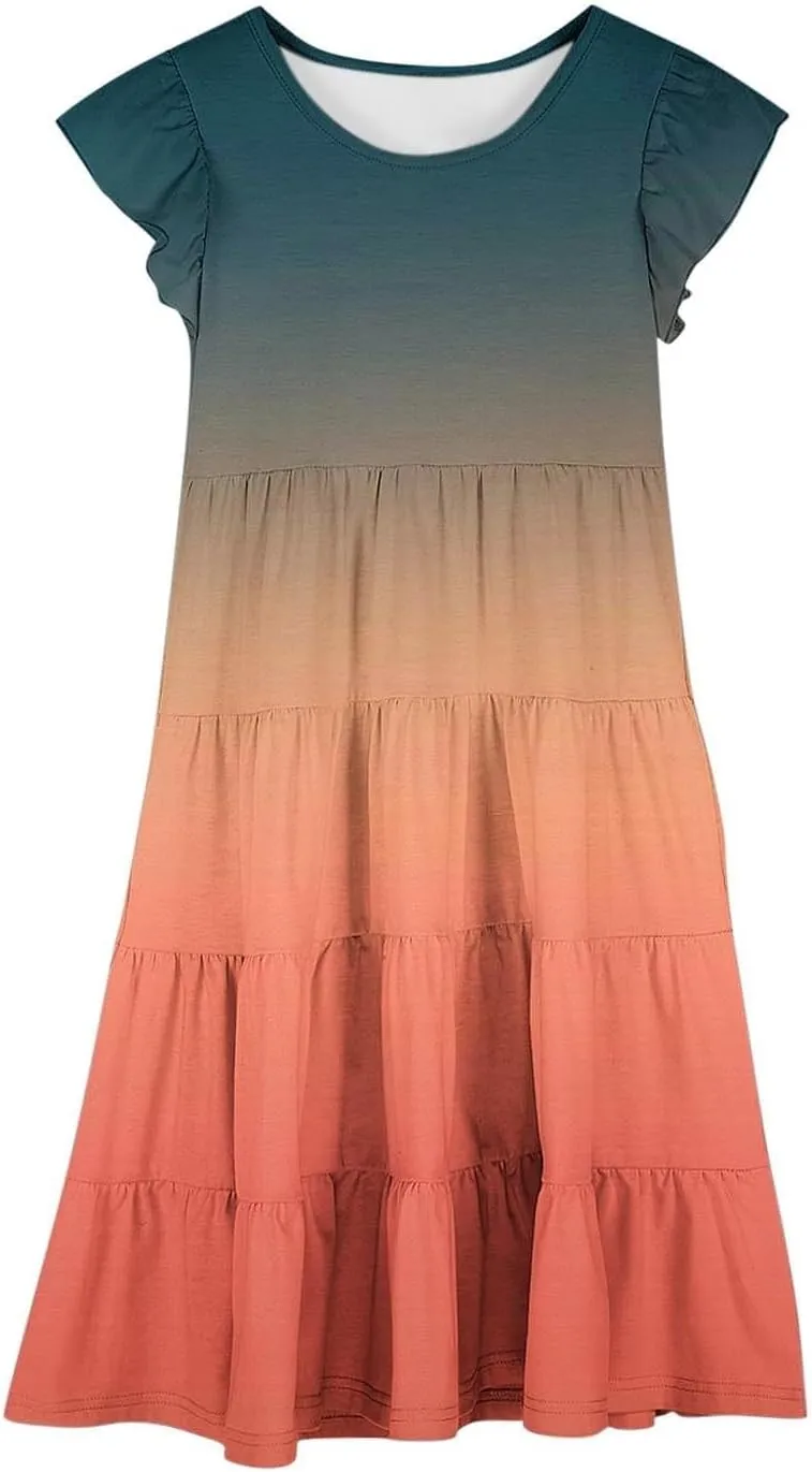 Teen Girls Double Pleated Casual Dress Short Sleeve Ruffle Swing Color Block Dresses Kids Crew Neck Summer Flowy Skirts