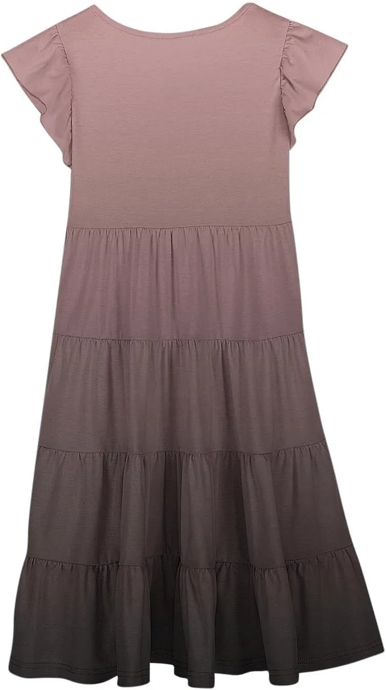 Teen Girls Double Pleated Casual Dress Short Sleeve Ruffle Swing Color Block Dresses Kids Crew Neck Summer Flowy Skirts