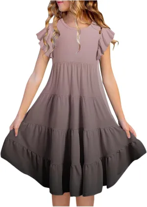 Teen Girls Double Pleated Casual Dress Short Sleeve Ruffle Swing Color Block Dresses Kids Crew Neck Summer Flowy Skirts