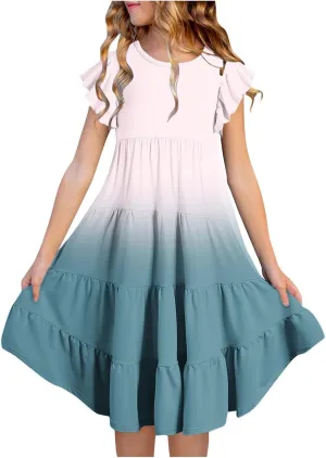 Teen Girls Double Pleated Casual Dress Short Sleeve Ruffle Swing Color Block Dresses Kids Crew Neck Summer Flowy Skirts