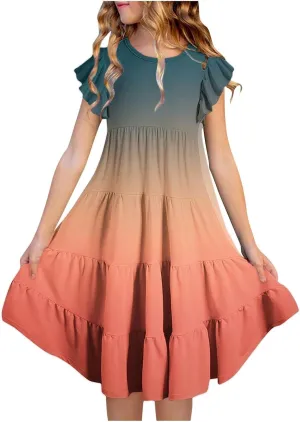 Teen Girls Double Pleated Casual Dress Short Sleeve Ruffle Swing Color Block Dresses Kids Crew Neck Summer Flowy Skirts