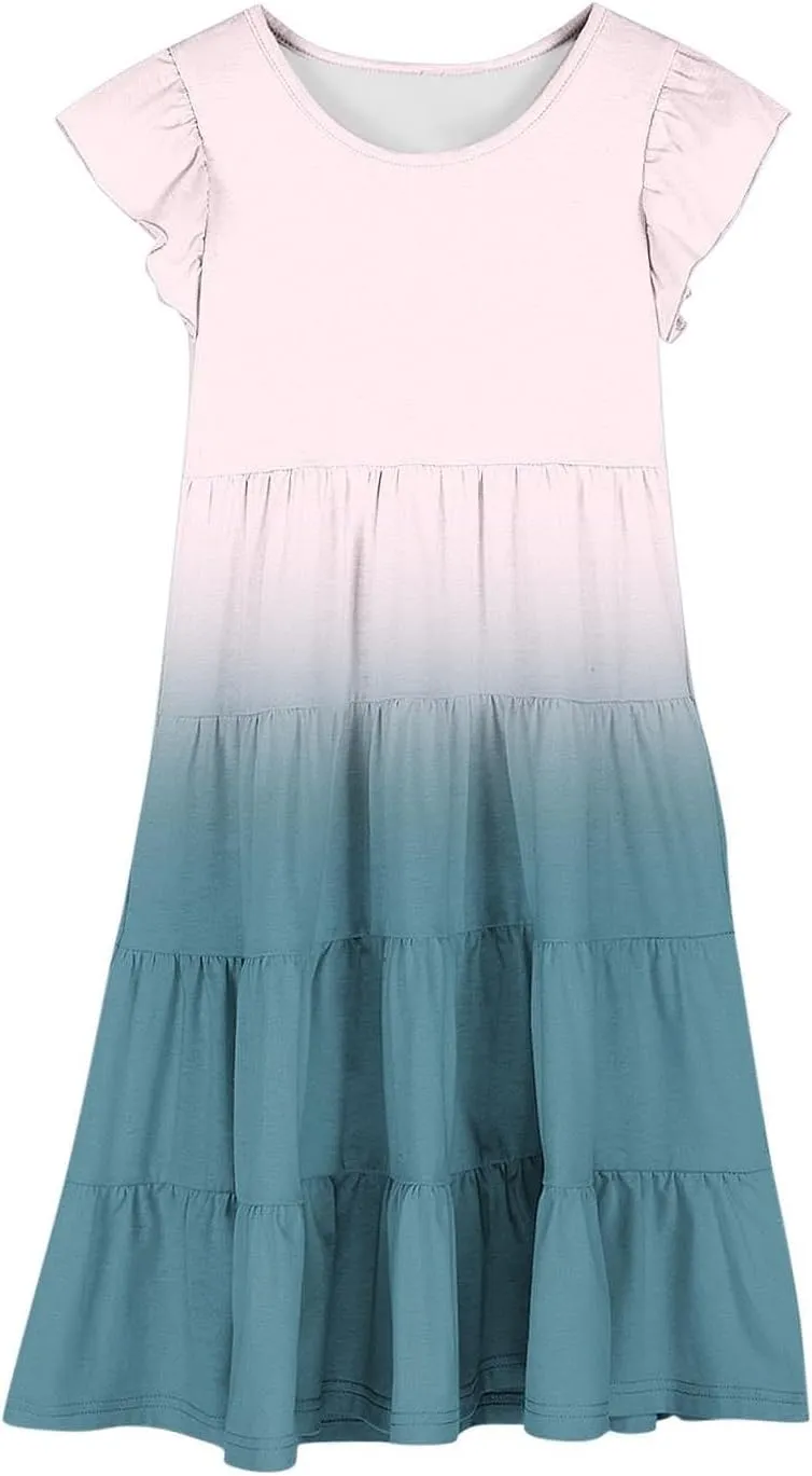 Teen Girls Double Pleated Casual Dress Short Sleeve Ruffle Swing Color Block Dresses Kids Crew Neck Summer Flowy Skirts