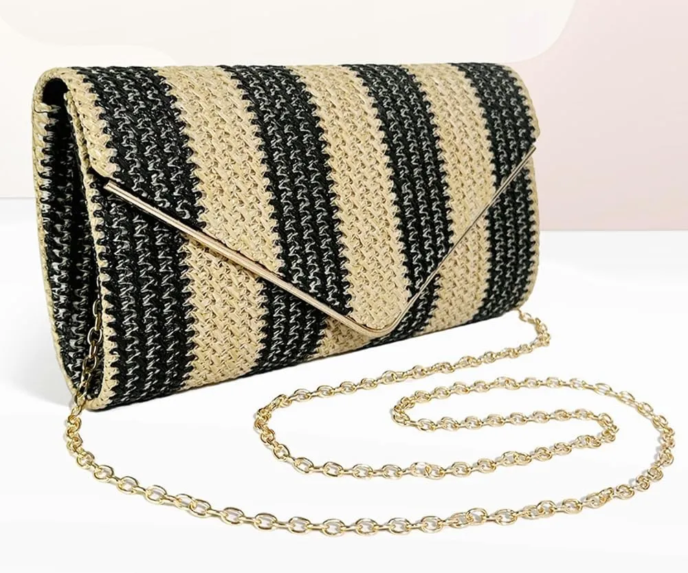Trendy Clutch Bag For Women Straw Summer Beach Bags Rattan Evening Purse Straw Crossbody Woven Stripe Purse 2025