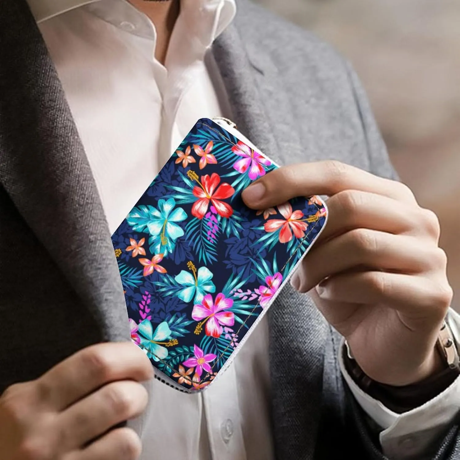 Tropical Hawaiian Hibiscus Flower Leather Card Bag Suitable for Unisex Versatile for Daily Use