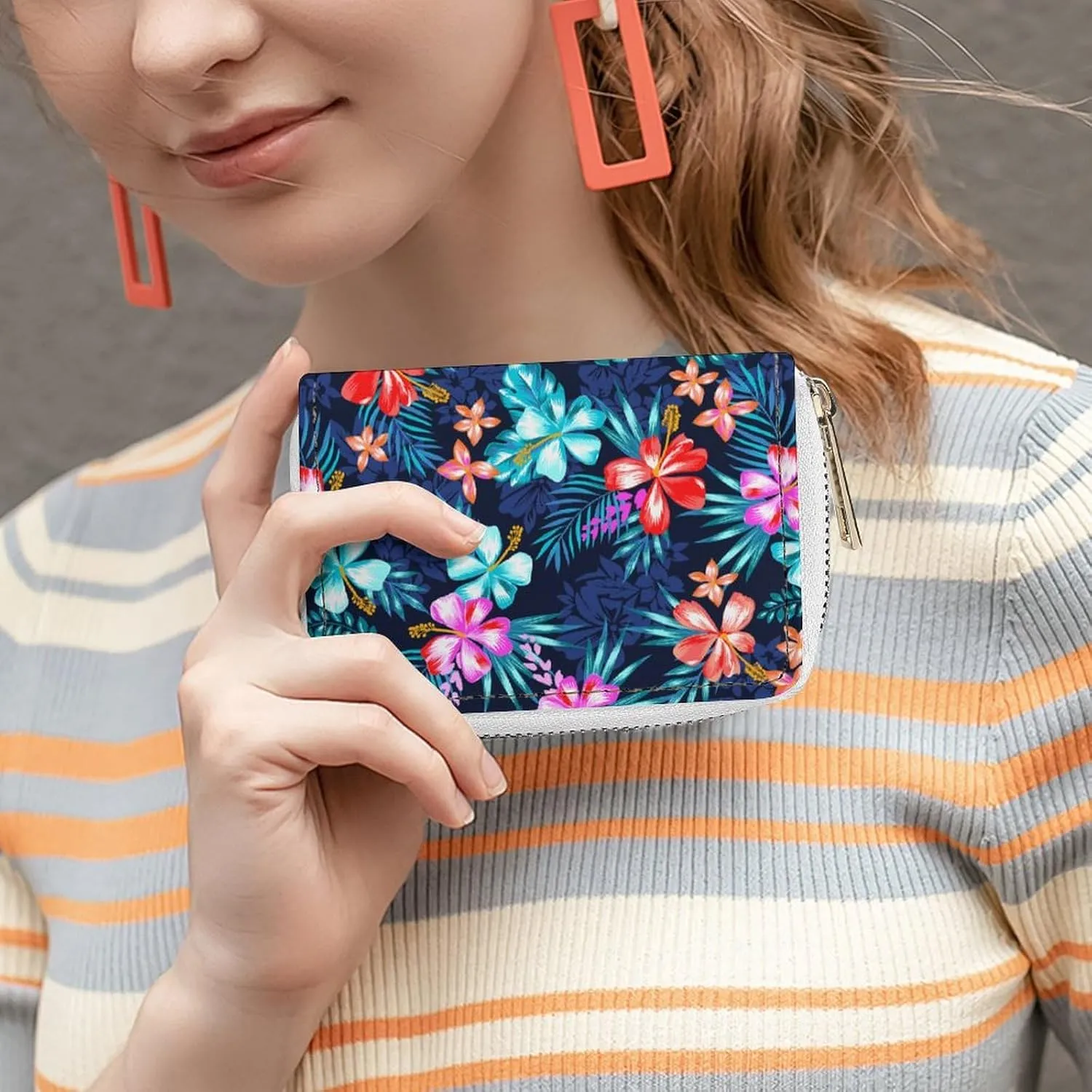 Tropical Hawaiian Hibiscus Flower Leather Card Bag Suitable for Unisex Versatile for Daily Use