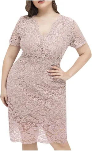 tuduoms Plus Size Bodycon Lace Dress for Women Short/Long Sleeves Crew Neck Vintage Formal Evening Party Prom Midi Dresses