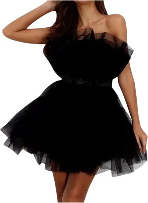 tuduoms Women's Romantic Prom Party Dress Tulle Ruffle Strapless A Line Mini Dress High Waist Net Gauze Tube Princess Dresses