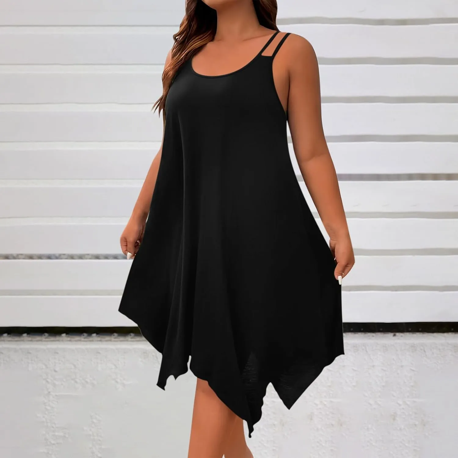 TUNUSKAT Womens Plus Size Asymmetrical Short Dress 2025 Sexy Strappy Midi Summer Dresses Casual Flowy Vacation Sundresses