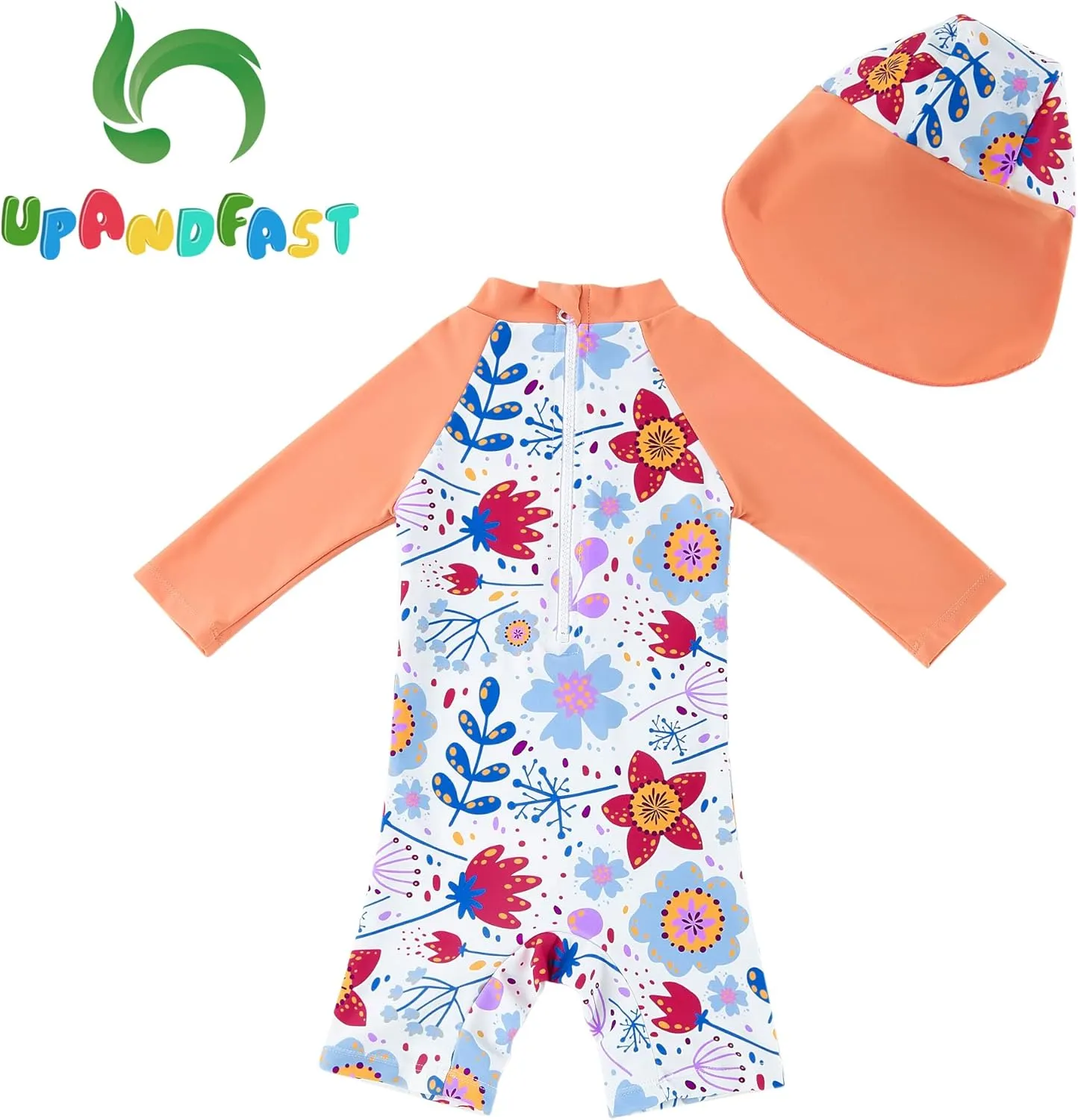upandfast Baby/Toddler Swimsuit UPF 50  Sun Protection One Piece Zipper Bathing Suit with Sun Hat Infant Beach Swimwear