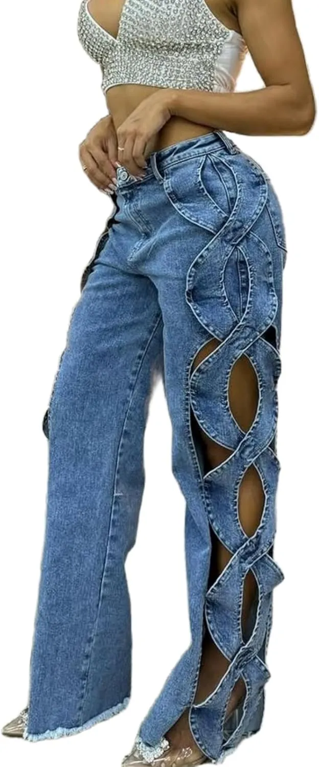 Vaceky Trendy Baggy Jeans Women Side Hollow Out Wide Leg Cargo Pants