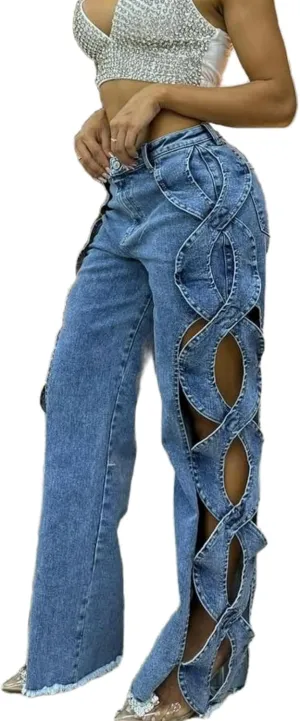 Vaceky Trendy Baggy Jeans Women Side Hollow Out Wide Leg Cargo Pants