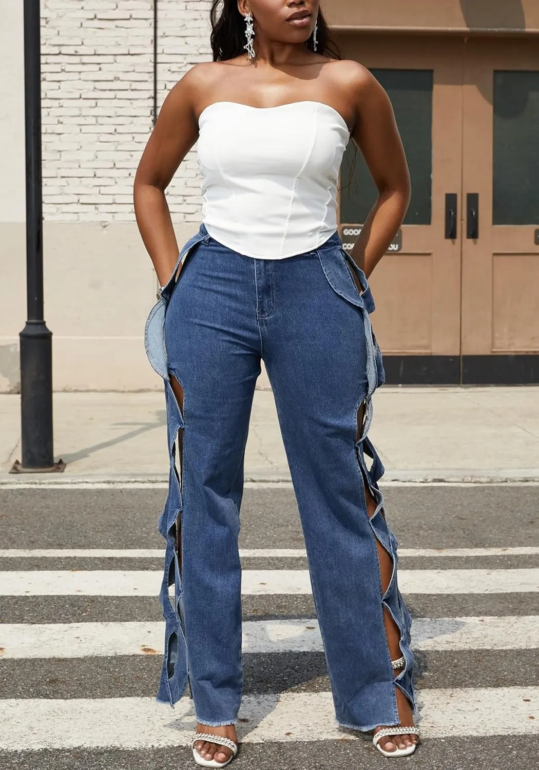 Vaceky Trendy Baggy Jeans Women Side Hollow Out Wide Leg Cargo Pants