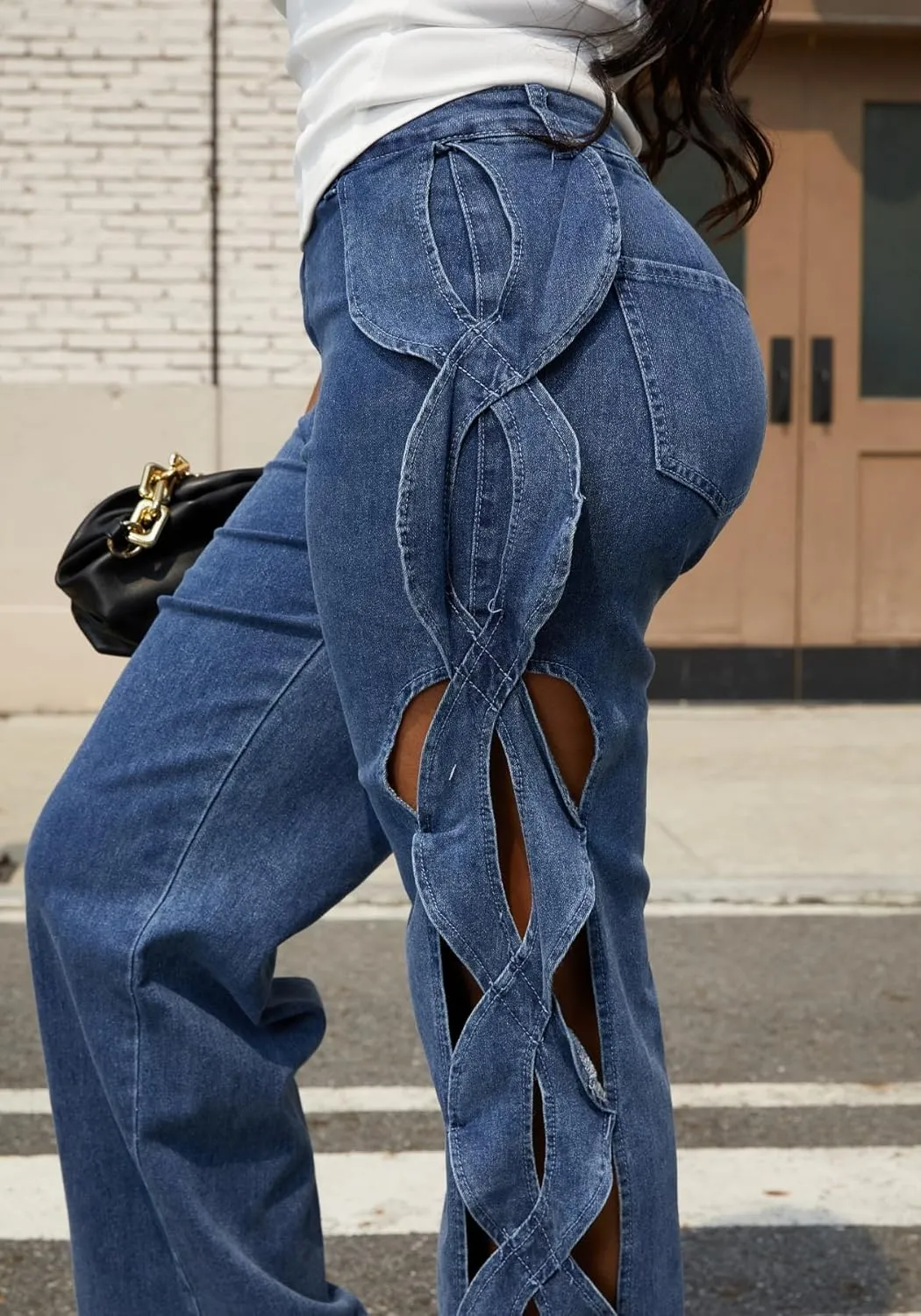 Vaceky Trendy Baggy Jeans Women Side Hollow Out Wide Leg Cargo Pants