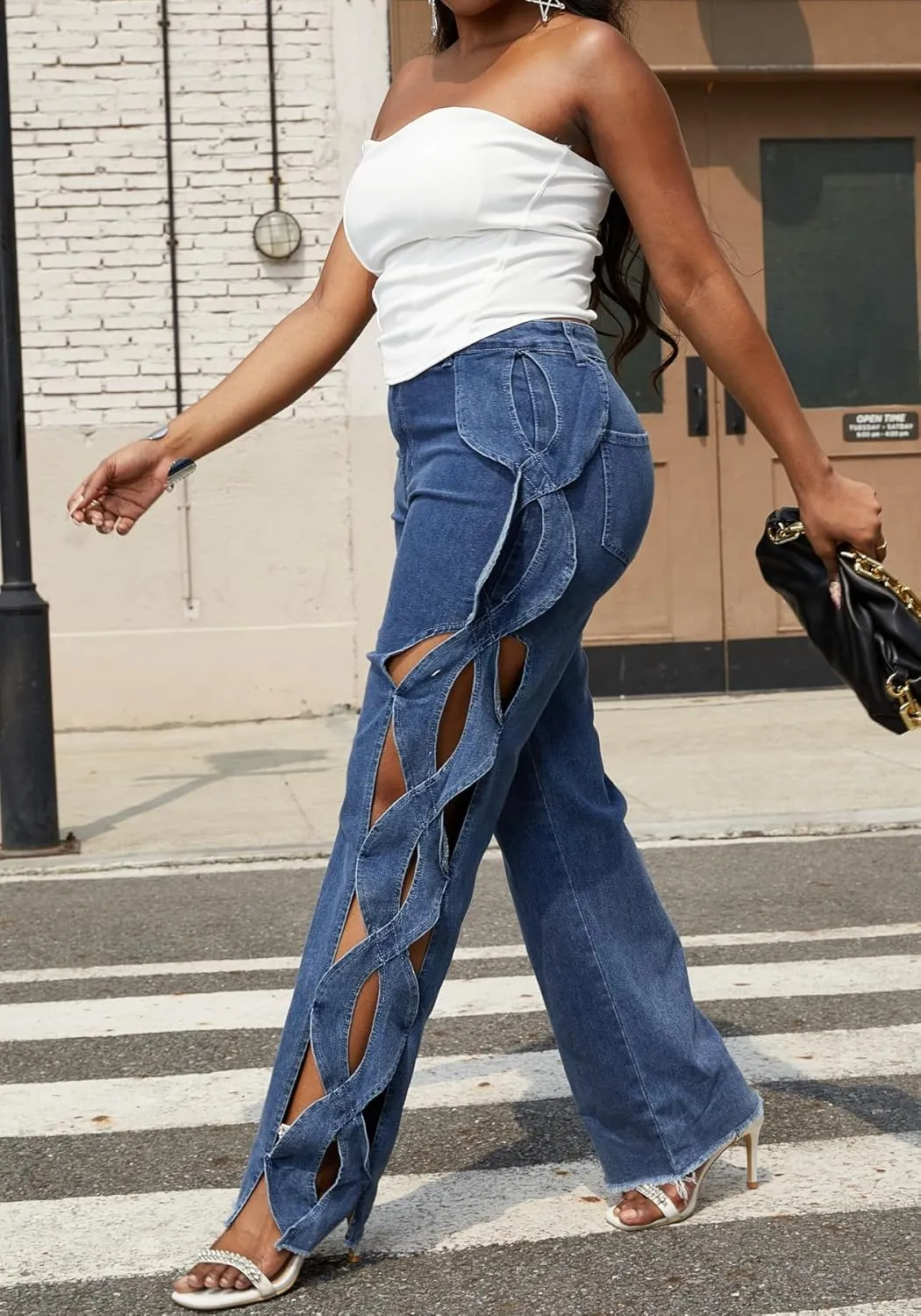 Vaceky Trendy Baggy Jeans Women Side Hollow Out Wide Leg Cargo Pants