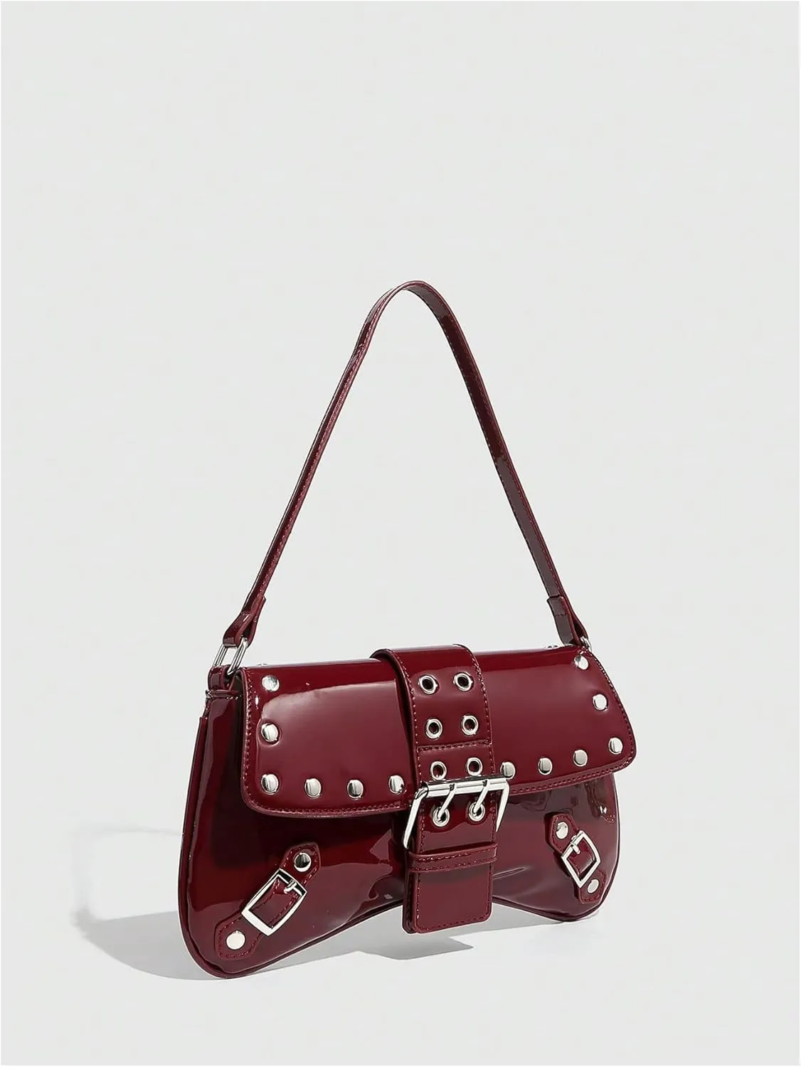 Verdusa Women's Studded Buckle PU Leather Shoulder Handbags Vintage Top Handle Clutch Bags
