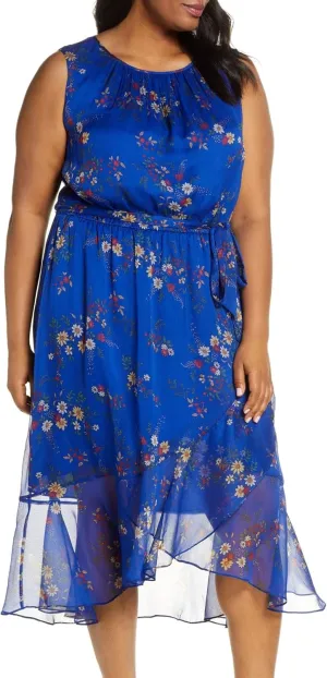Vince Camuto Womens Plus Floral Midi Shift Dress Blue