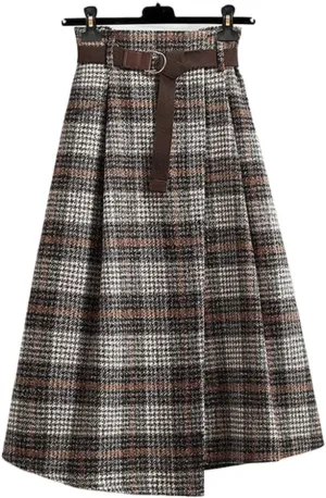 Vintage Warm A-Line Long Skirt Autumn Women Plaid Irregular Wool Midi Skirts Pleated Sashes Style (Color : White-Patch Five-Pointed star4, Size : 4X-Lcode) (White Patch Five)