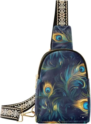 Watercolor Romantic Peacock Feathers Sling Bag for Women Leather Crossbody Bag with Adjustable Strap Belt Bag Travel Purse