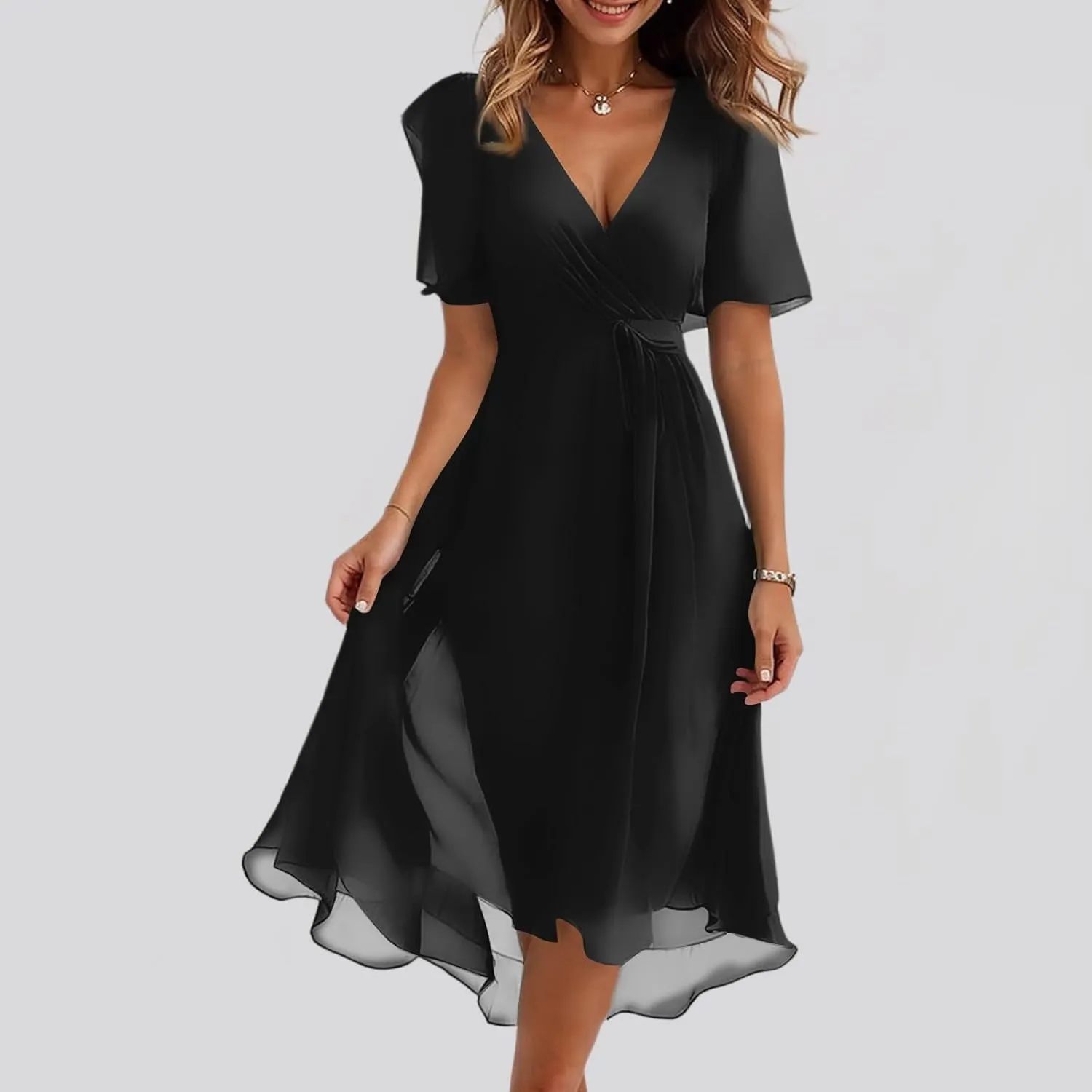 Wedding Guest Dress,Prom Cocktail Summer Sexy Dresses for Women Wrap Flowy Chiffon Womens Midi Dress