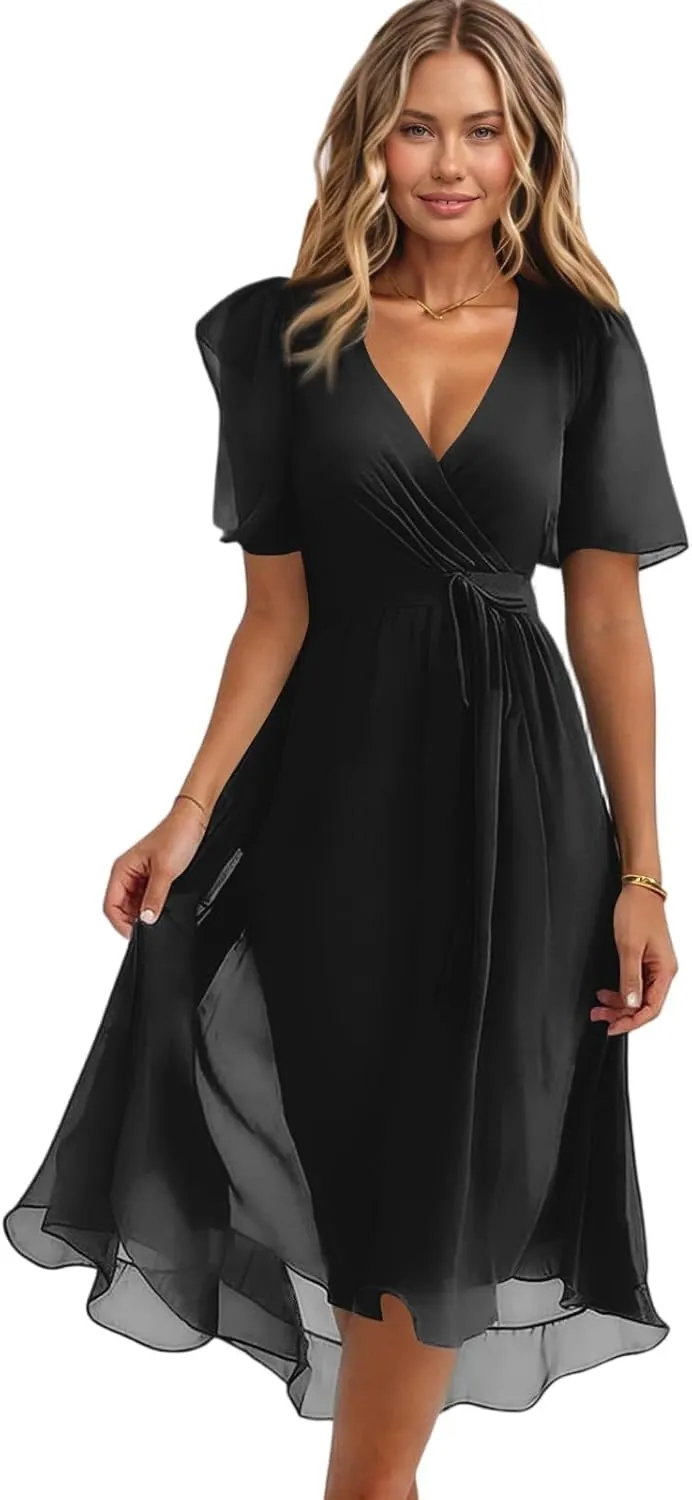 Wedding Guest Dress,Prom Cocktail Summer Sexy Dresses for Women Wrap Flowy Chiffon Womens Midi Dress