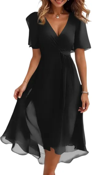 Wedding Guest Dress,Prom Cocktail Summer Sexy Dresses for Women Wrap Flowy Chiffon Womens Midi Dress